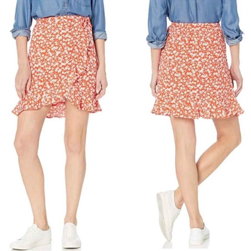 J.Crew Mercantile Floral Ruffle Tie‎ Waist Faux Wrap Mini Skirt Orange Women’s S